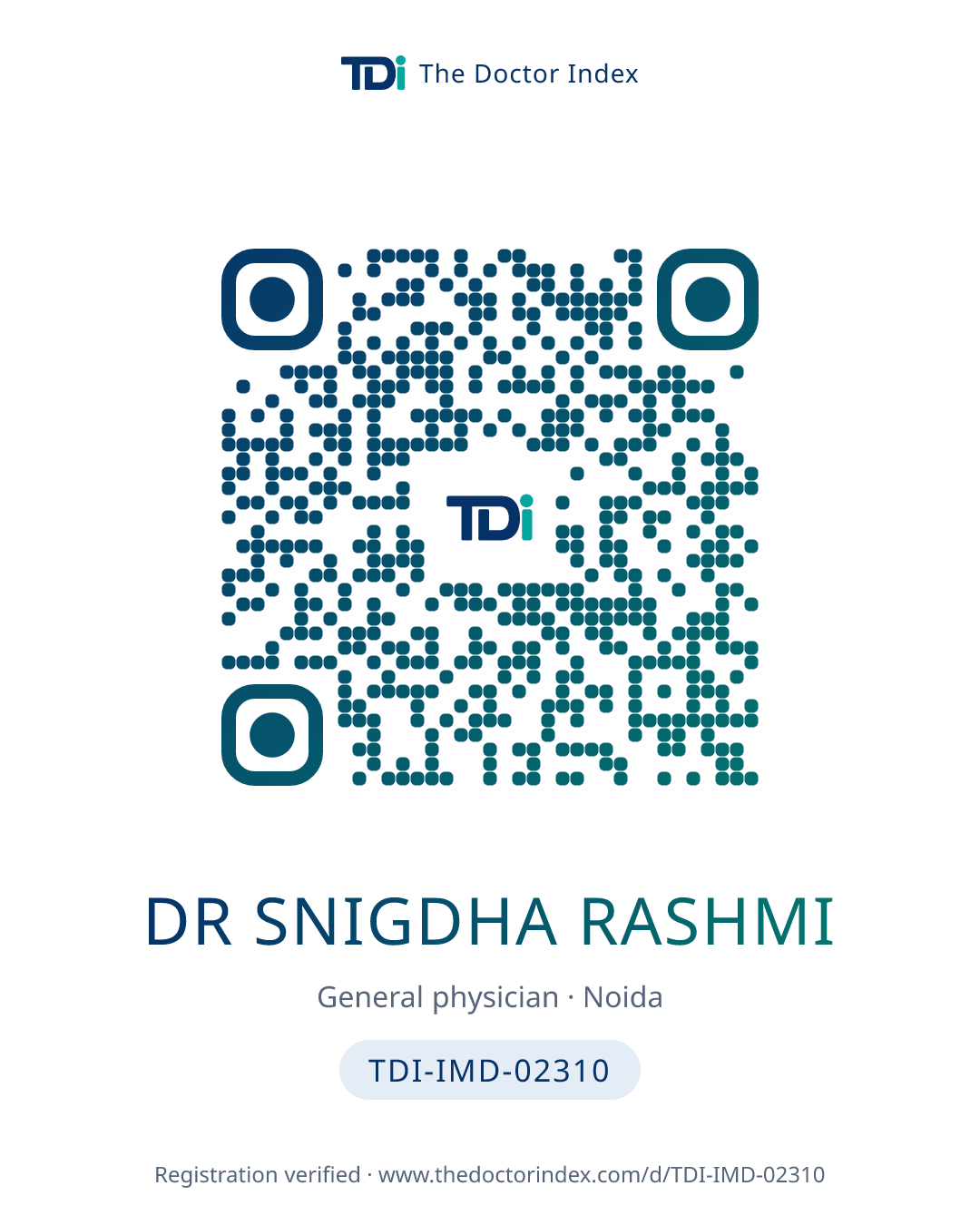 QR card for Dr Snigdha Rashmi, TDI-IMD-02310