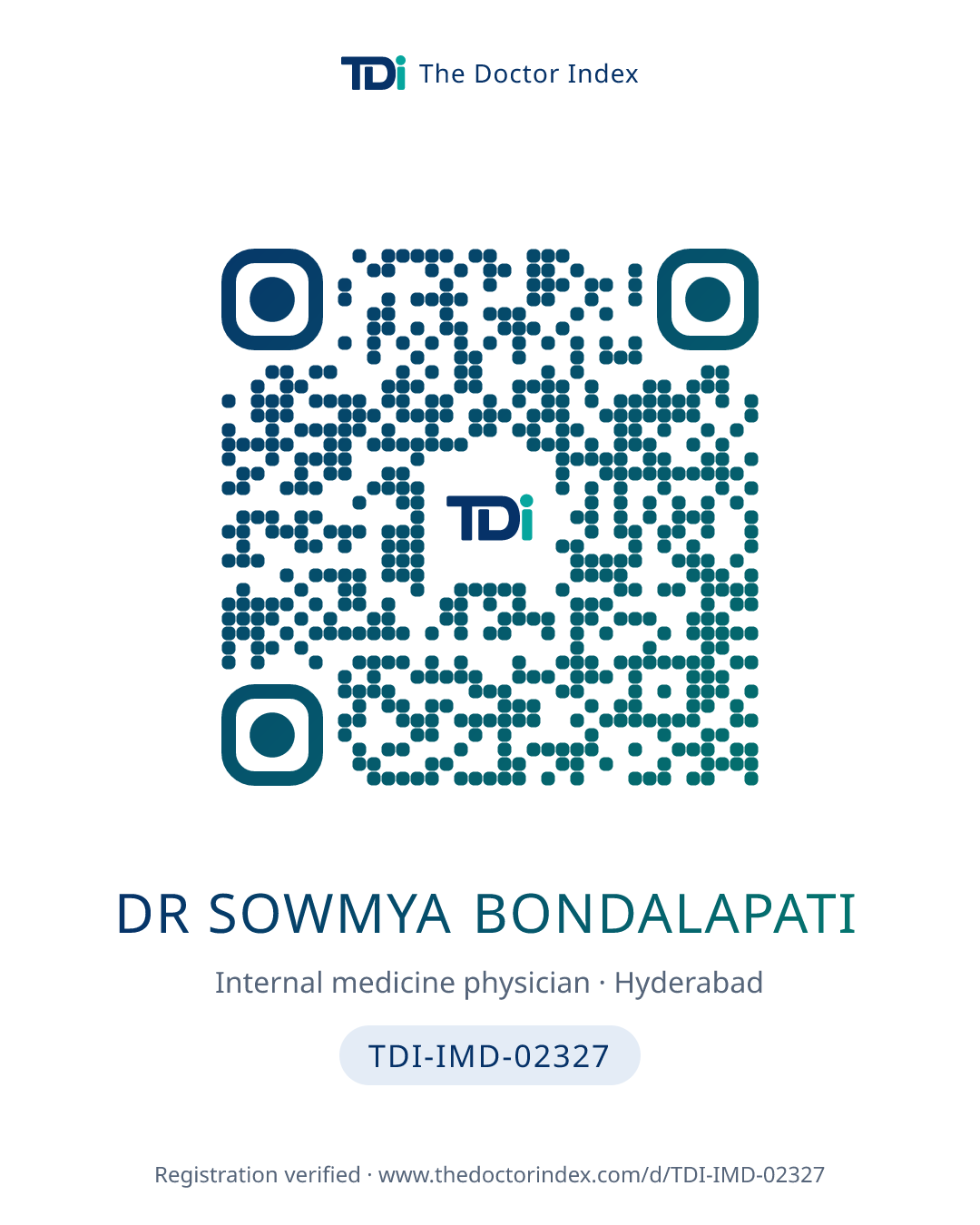 QR card for Dr Sowmya Bondalapati, TDI-IMD-02327