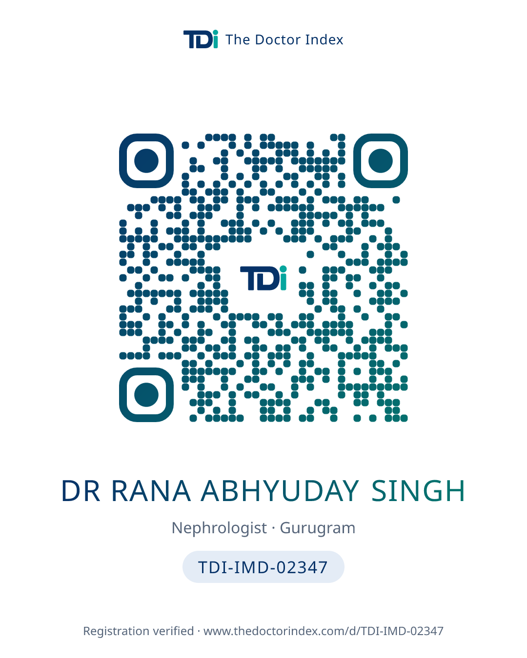 QR card for Dr Rana Abhyuday Singh, TDI-IMD-02347