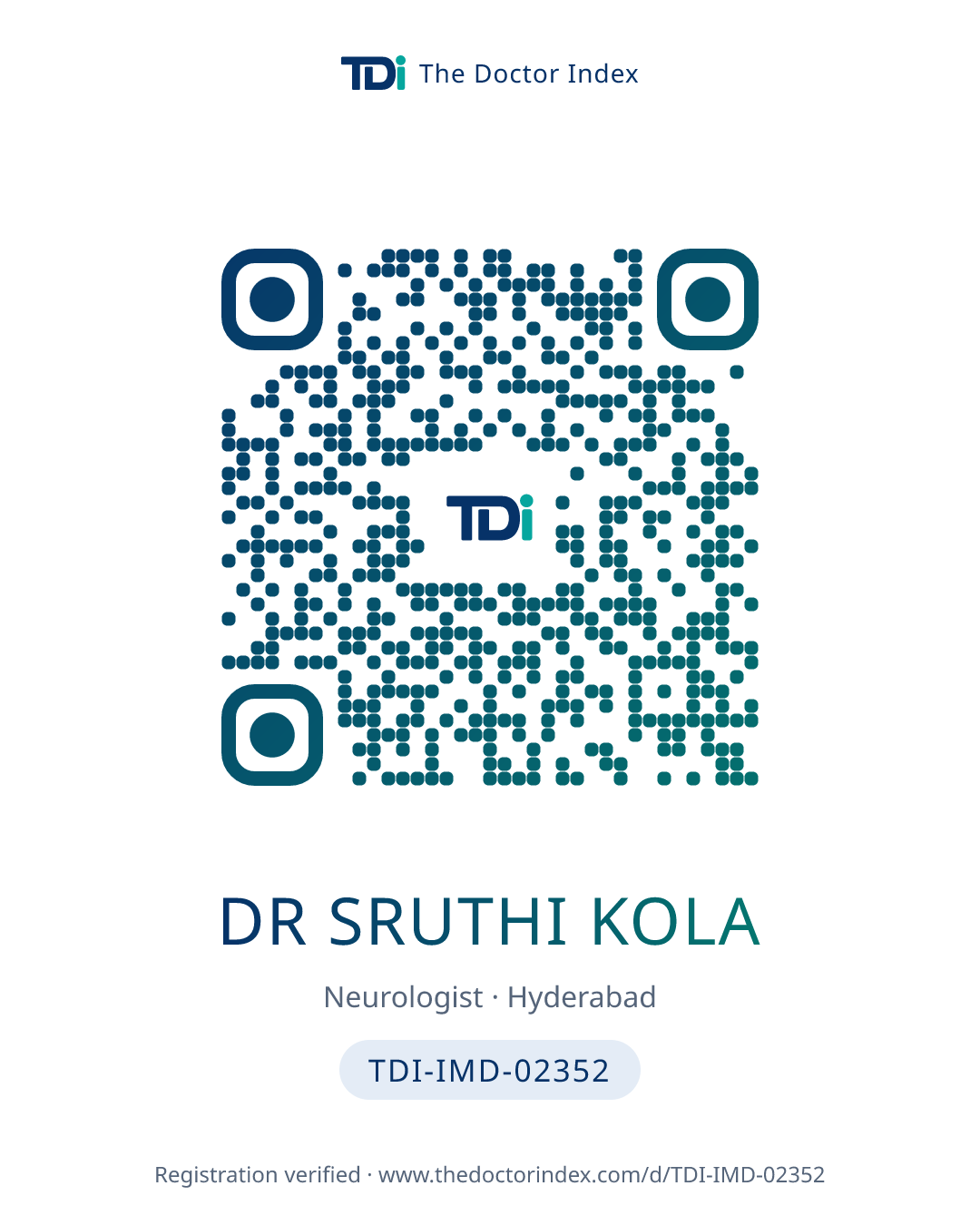 QR card for Dr Sruthi Kola, TDI-IMD-02352