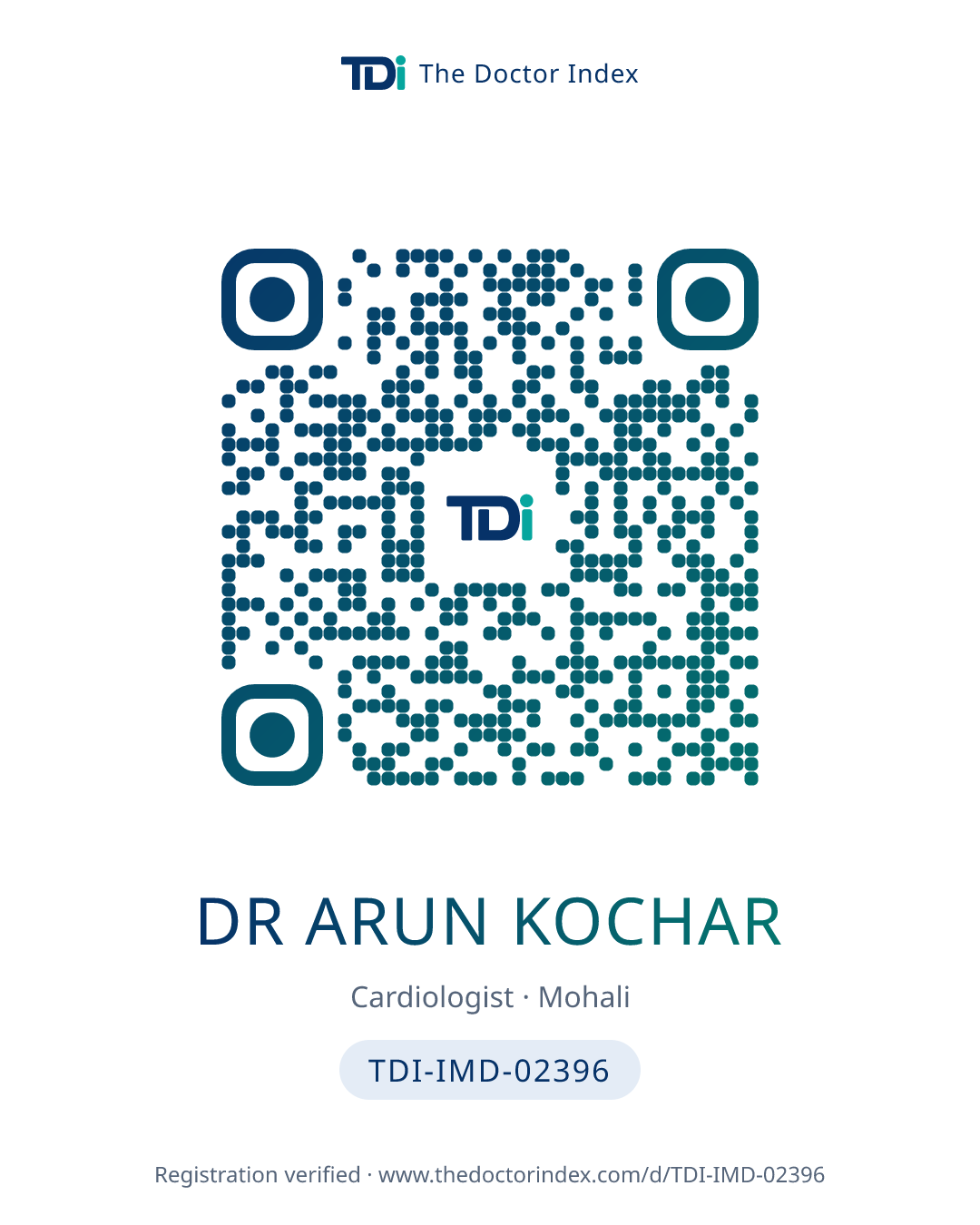 QR card for Dr Arun Kochar, TDI-IMD-02396