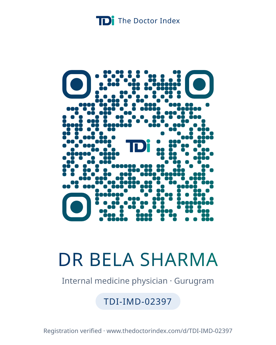 QR card for Dr Bela Sharma, TDI-IMD-02397