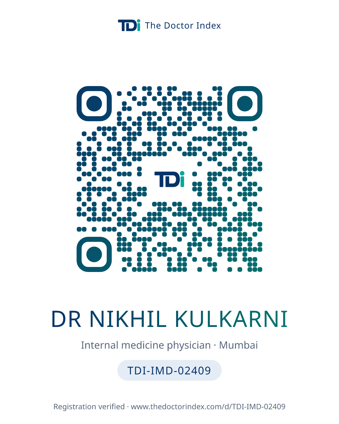 QR card for Dr Nikhil Kulkarni, TDI-IMD-02409