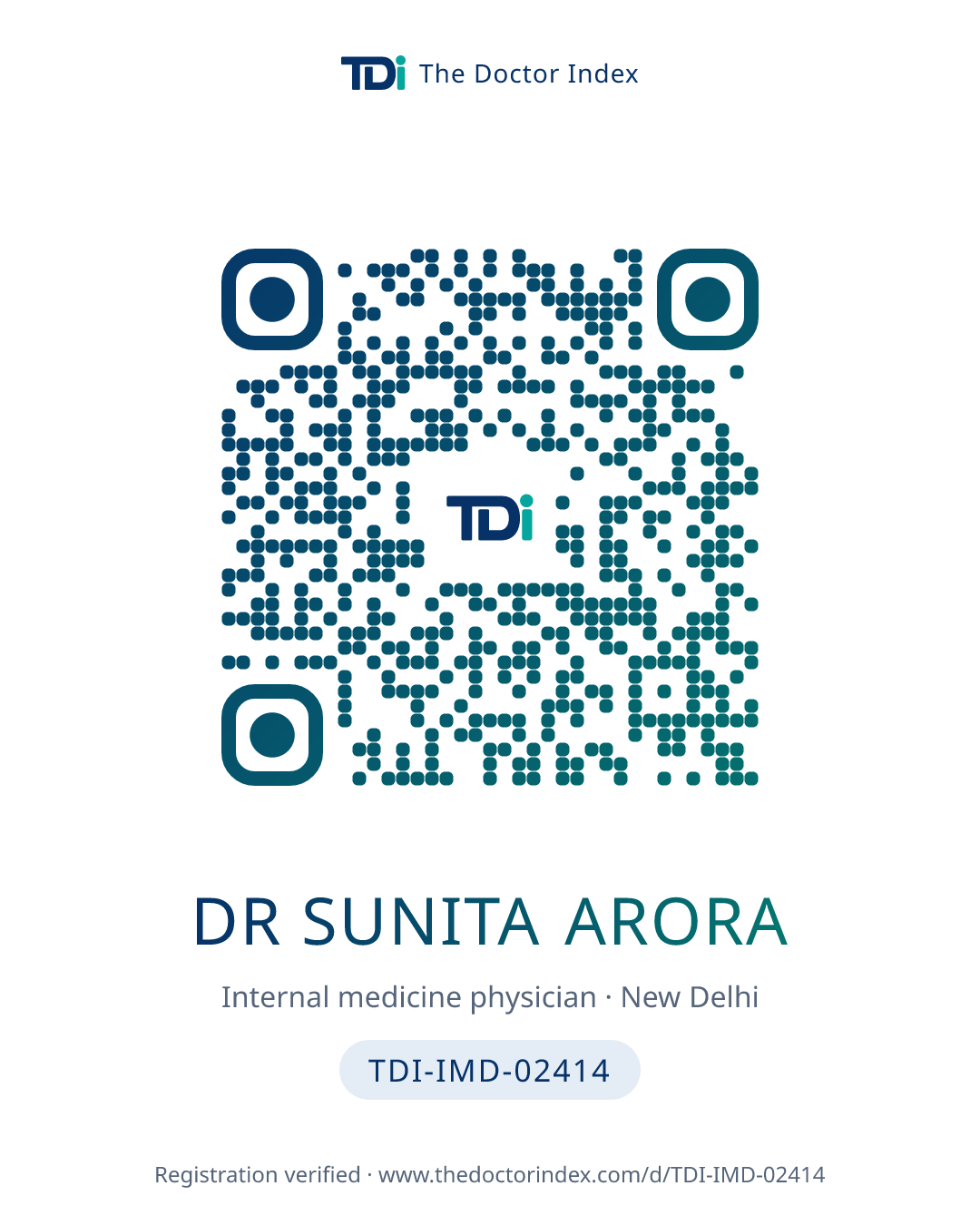 QR card for Dr Sunita Arora, TDI-IMD-02414