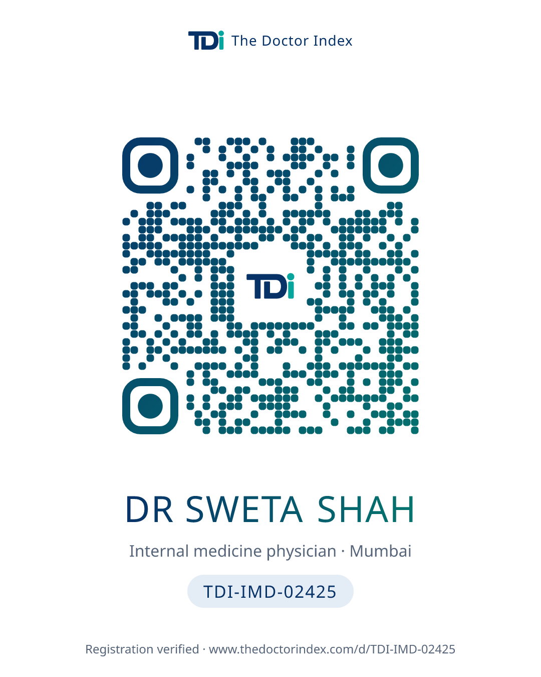 QR card for Dr Sweta Shah, TDI-IMD-02425
