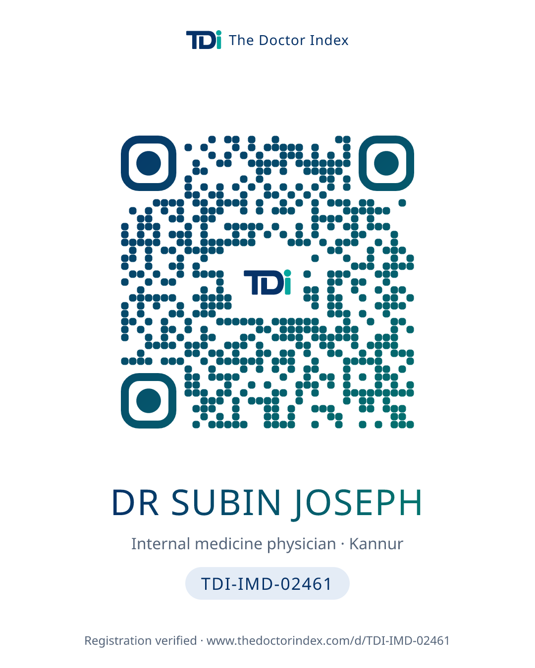 QR card for Dr Subin Joseph, TDI-IMD-02461