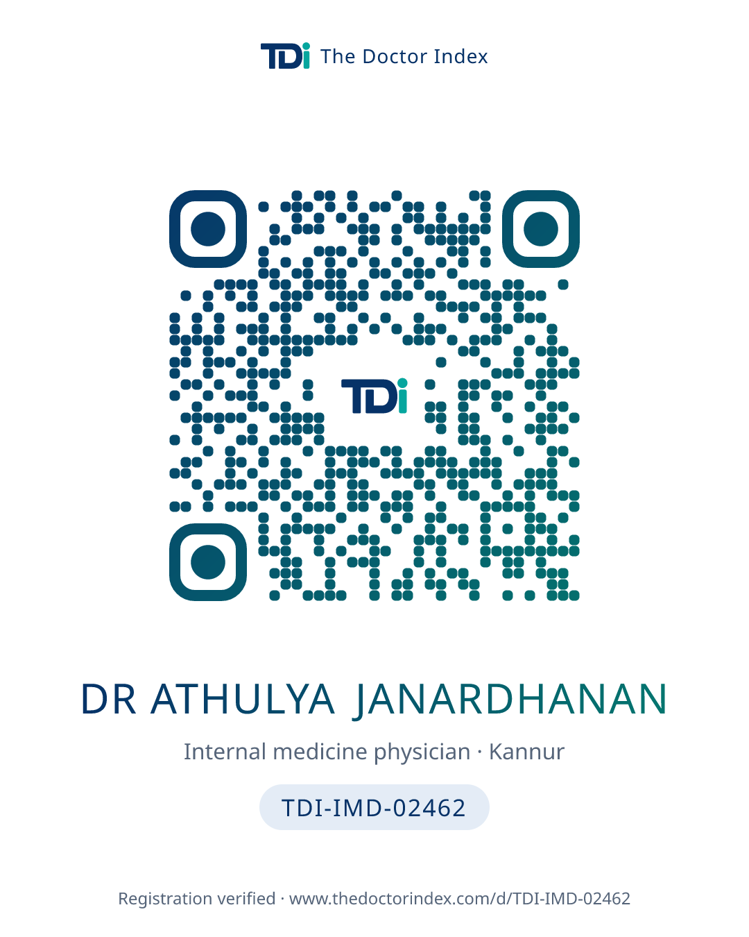 QR card for Dr Athulya Janardhanan, TDI-IMD-02462