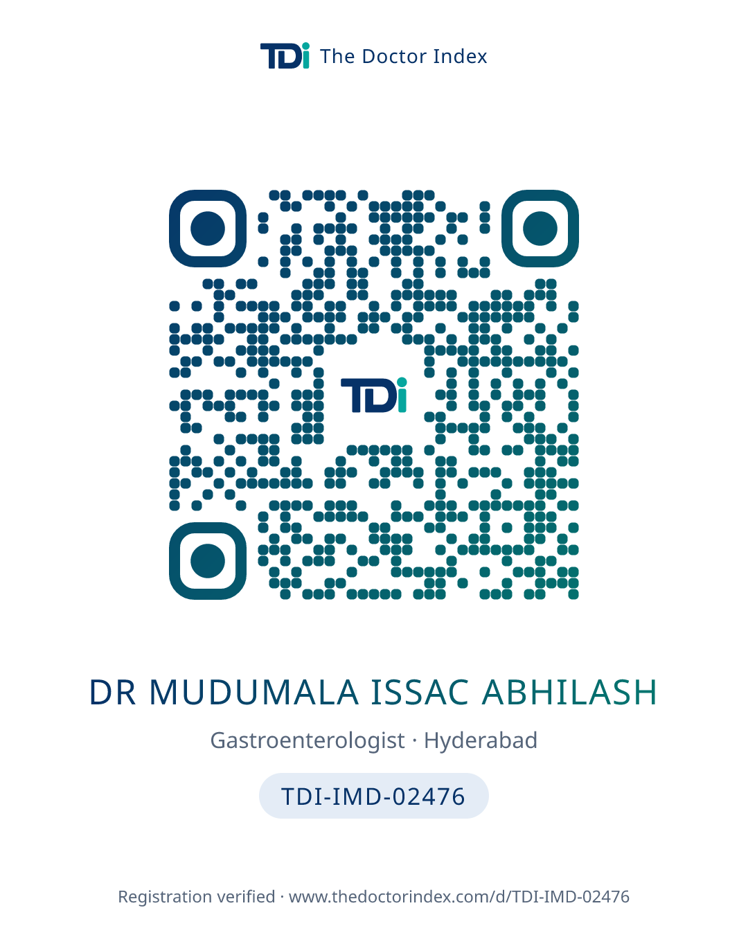 QR card for Dr Mudumala Issac Abhilash, TDI-IMD-02476