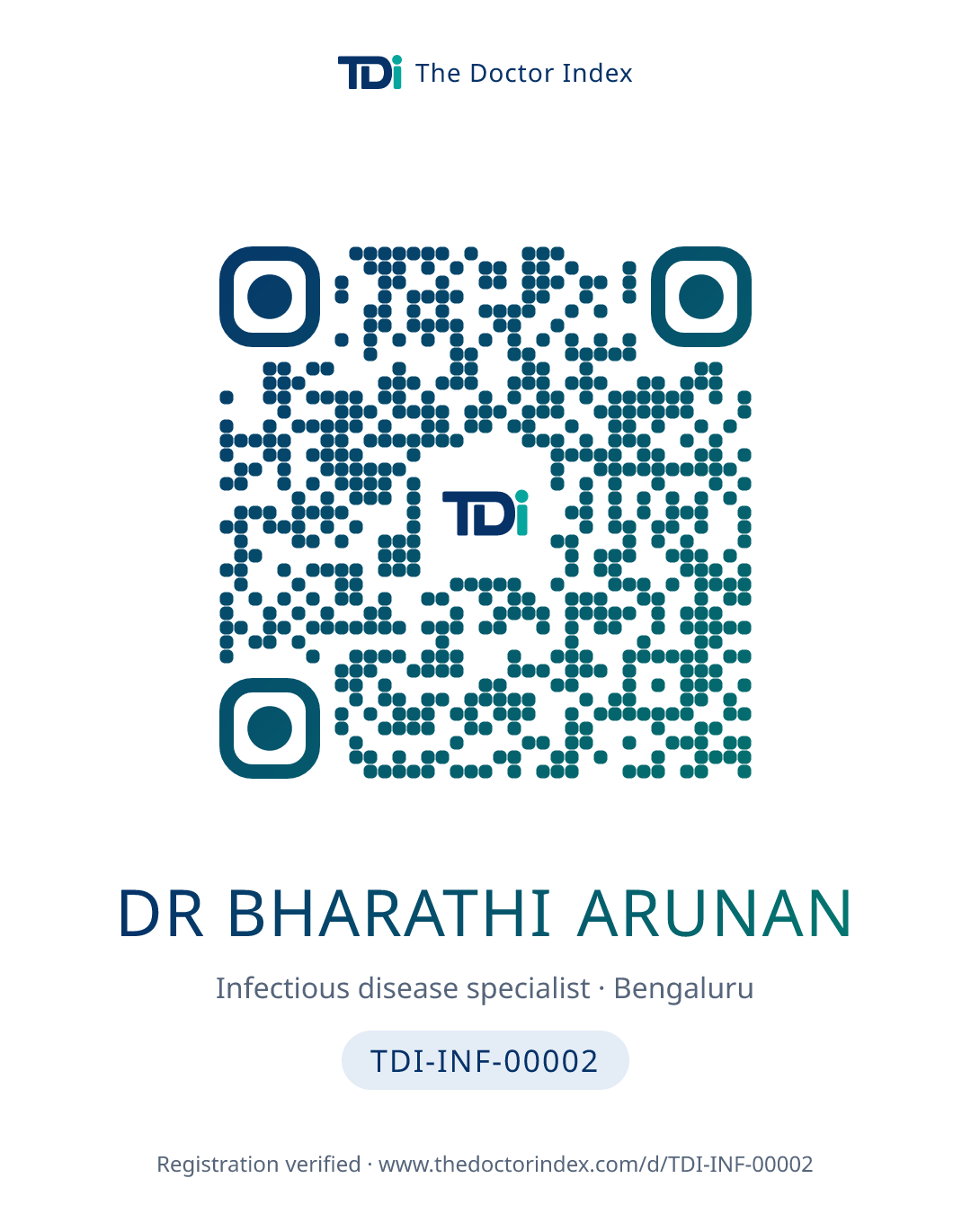 QR card for Dr Bharathi Arunan, TDI-INF-00002