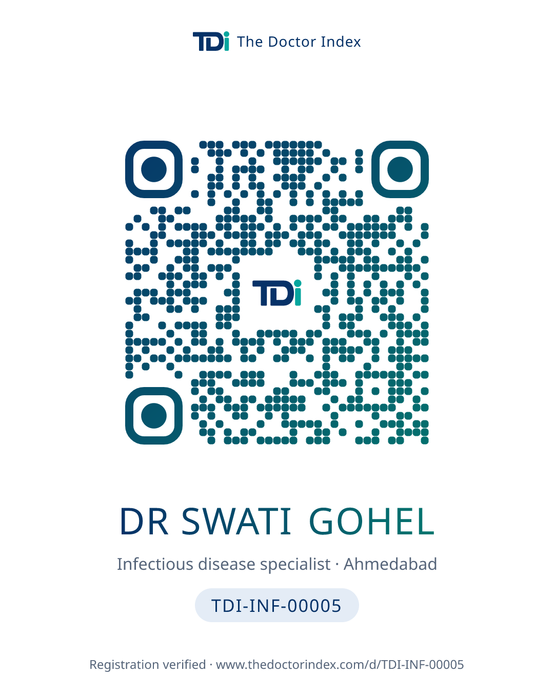 QR card for Dr Swati Gohel, TDI-INF-00005