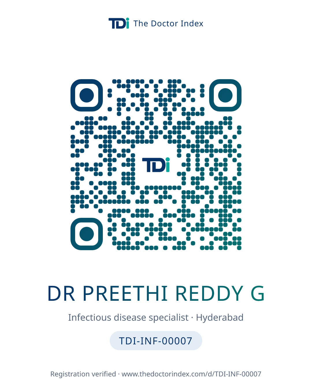 QR card for Dr Preethi Reddy G, TDI-INF-00007