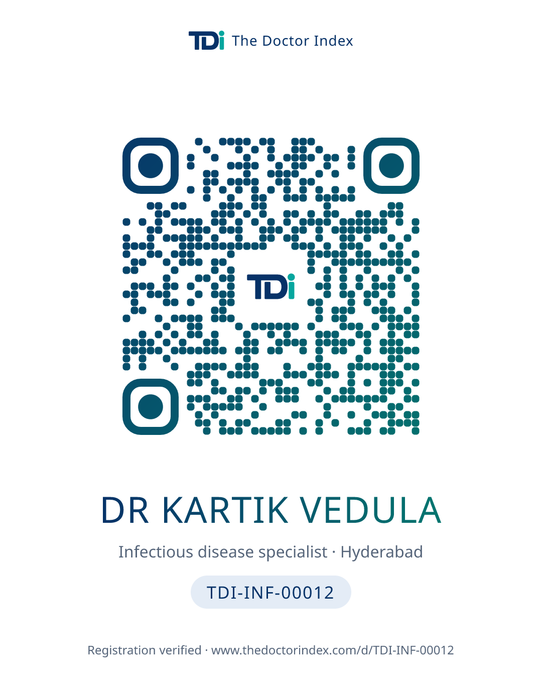 QR card for Dr Kartik Vedula, TDI-INF-00012