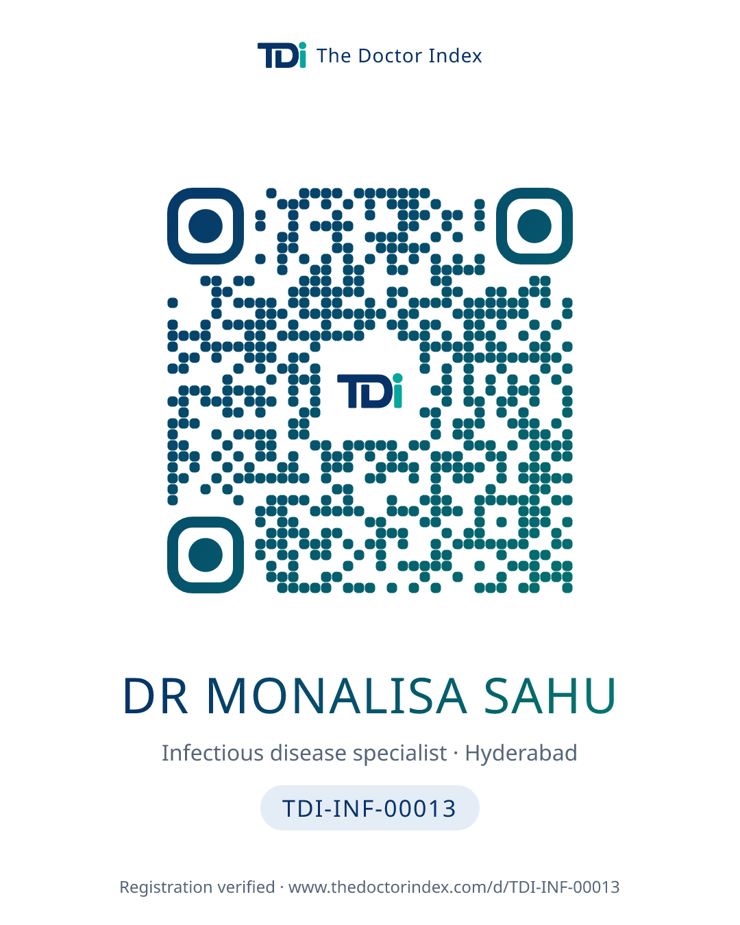 QR card for Dr Monalisa Sahu, TDI-INF-00013