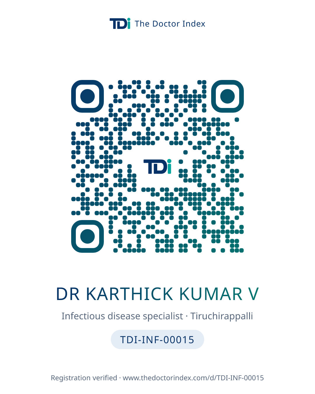 QR card for Dr Karthick Kumar V, TDI-INF-00015