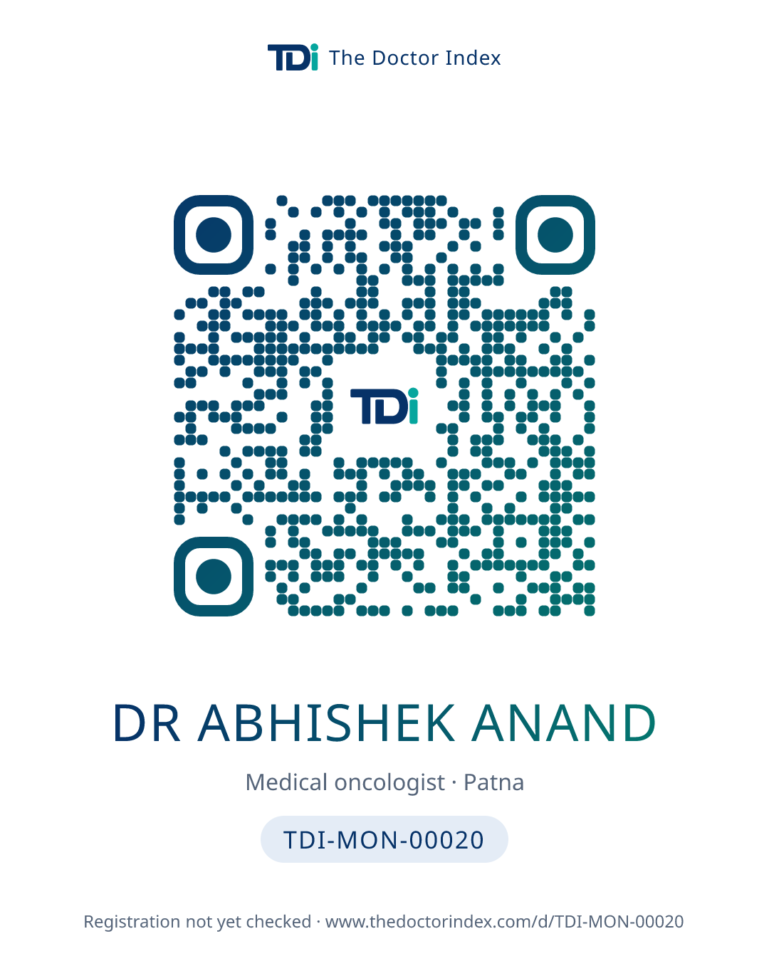 QR card for Dr Abhishek Anand, TDI-MON-00020