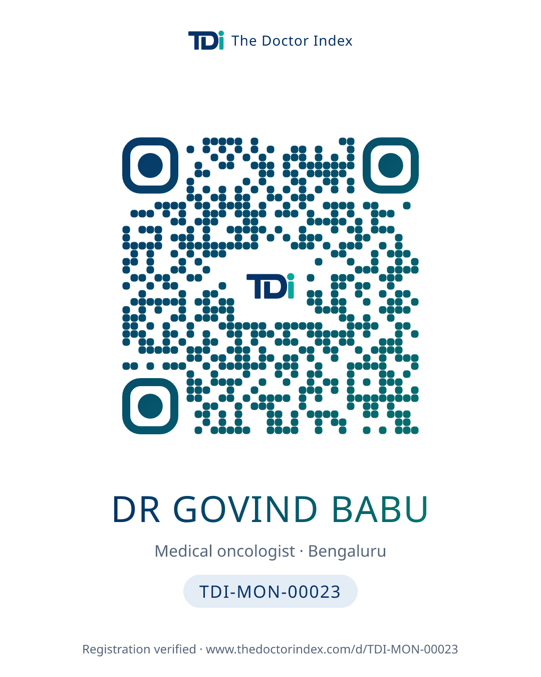 QR card for Dr Govind Babu, TDI-MON-00023