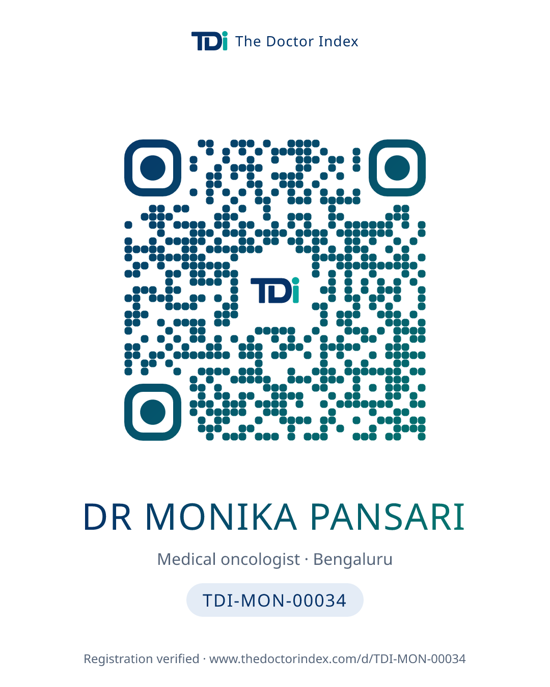 QR card for Dr Monika Pansari, TDI-MON-00034