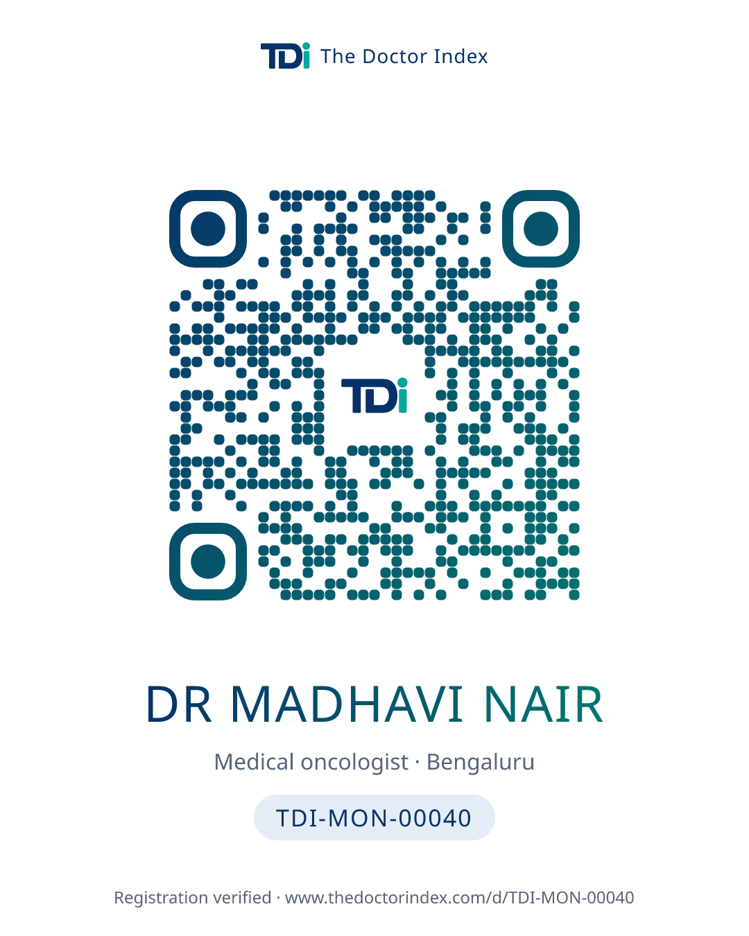 QR card for Dr Madhavi Nair, TDI-MON-00040