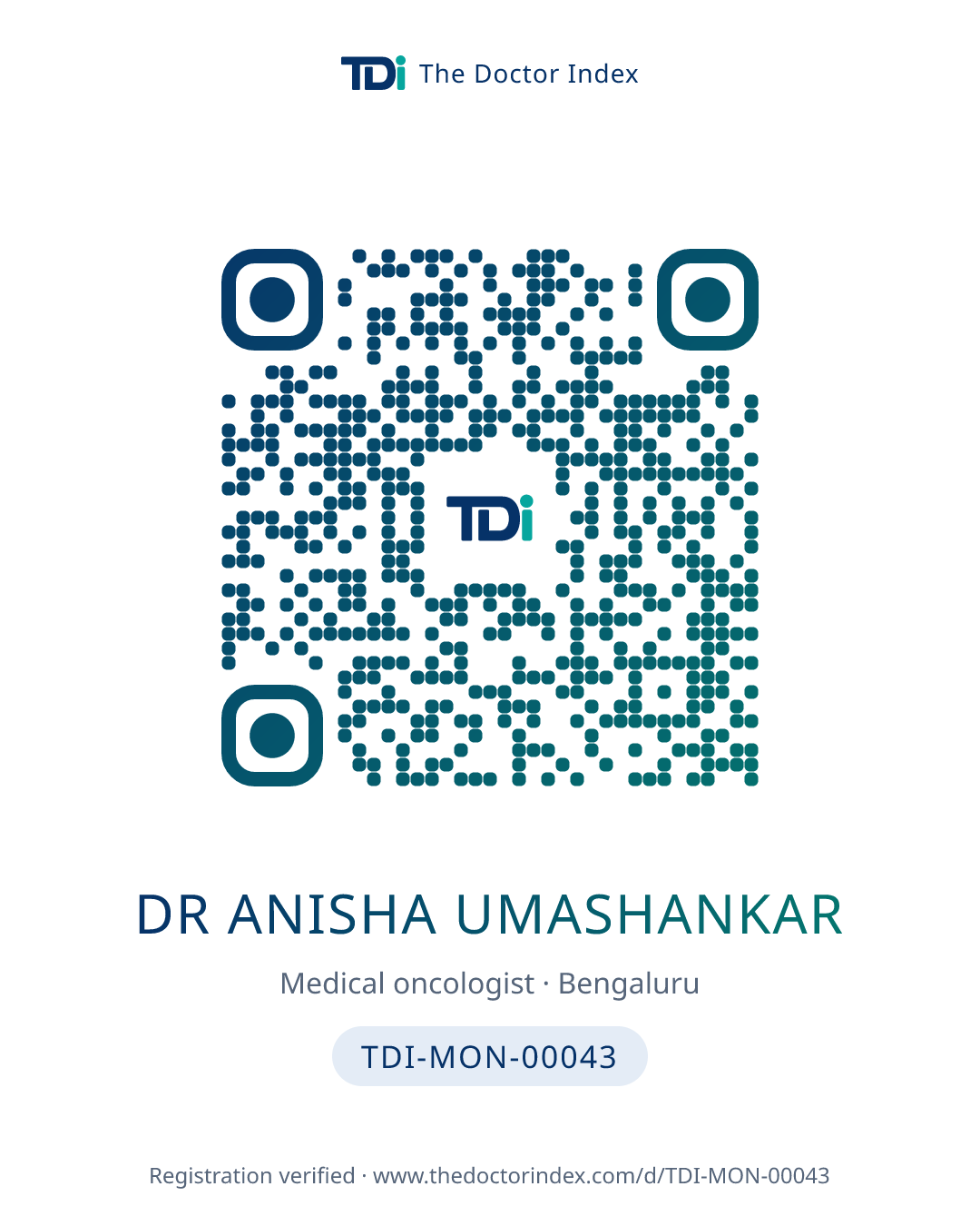 QR card for Dr Anisha Umashankar, TDI-MON-00043