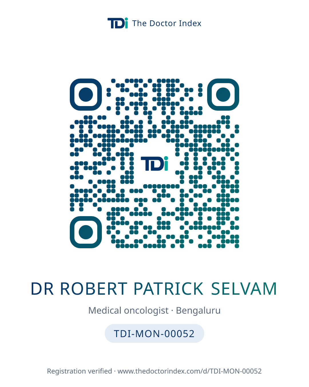 QR card for Dr Robert Patrick Selvam, TDI-MON-00052