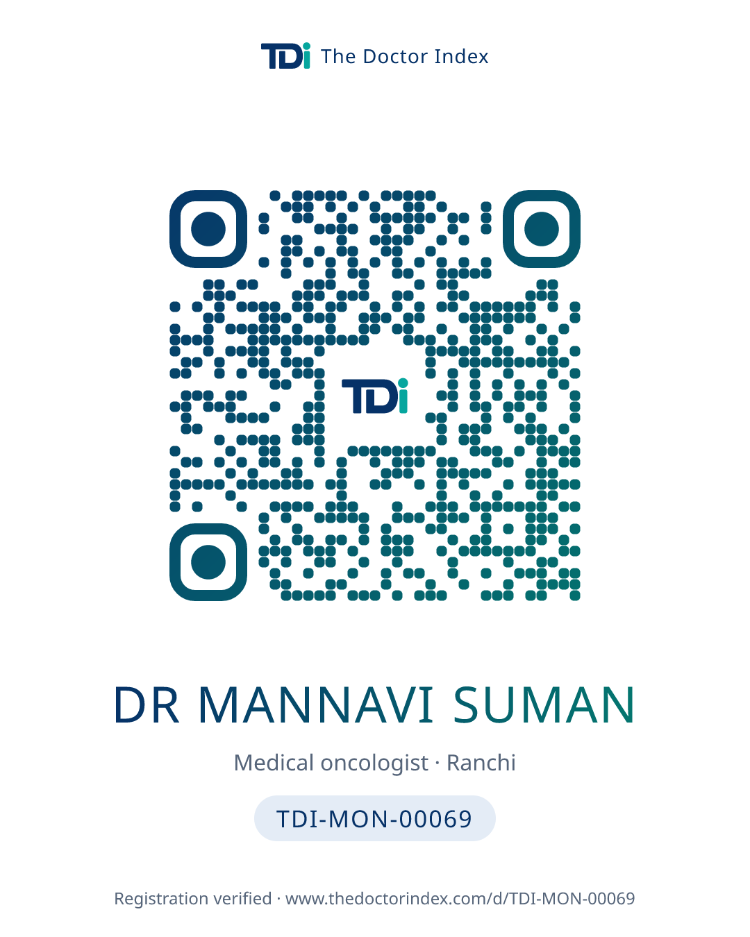 QR card for Dr Mannavi Suman, TDI-MON-00069