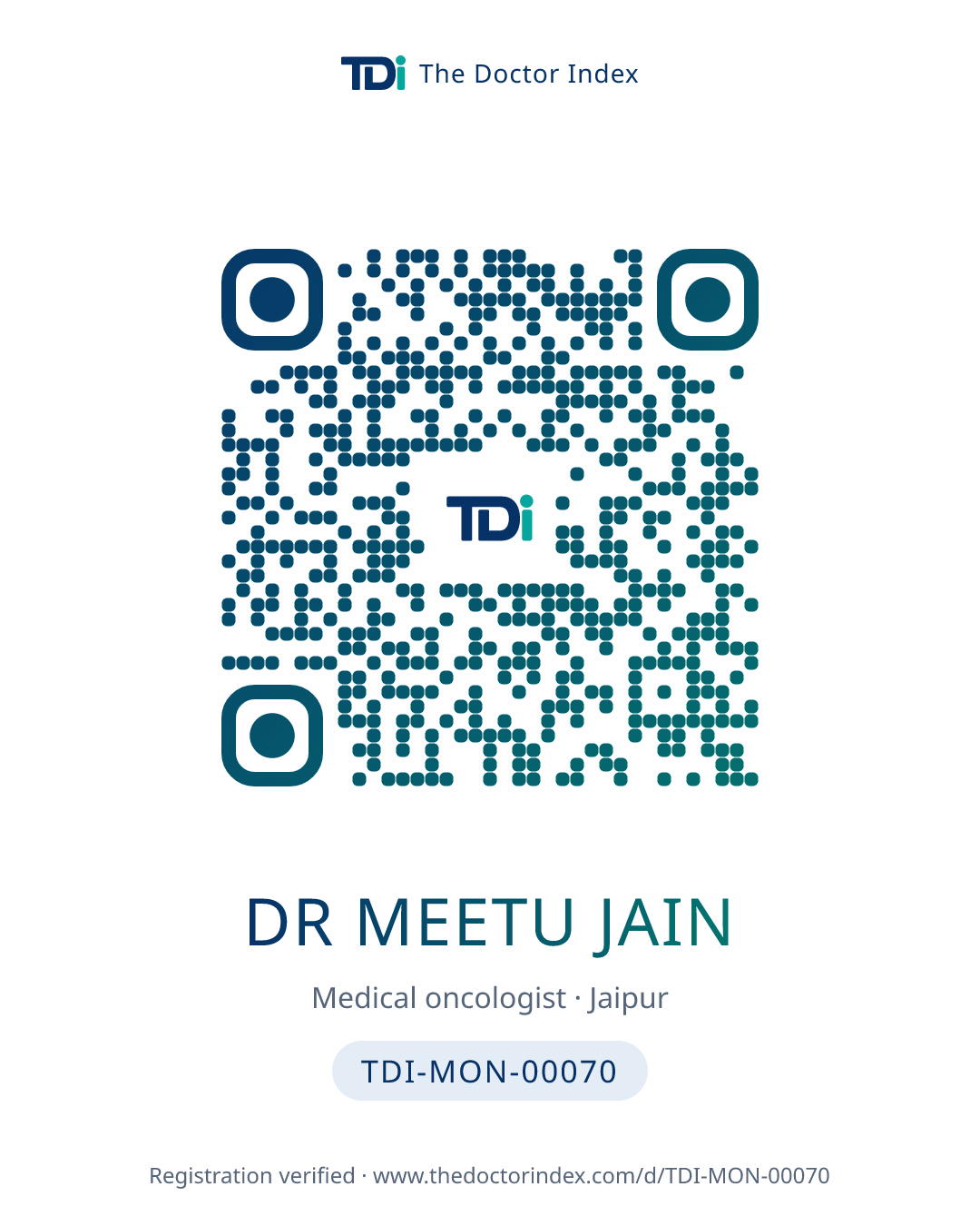 QR card for Dr Meetu Jain, TDI-MON-00070