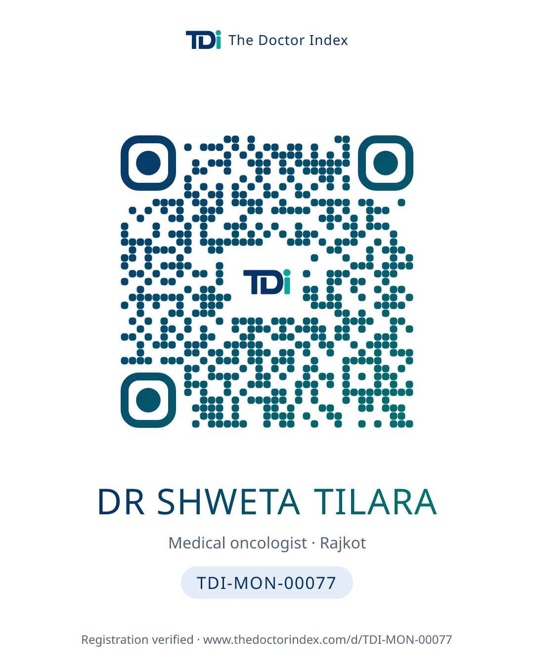 QR card for Dr Shweta Tilara, TDI-MON-00077