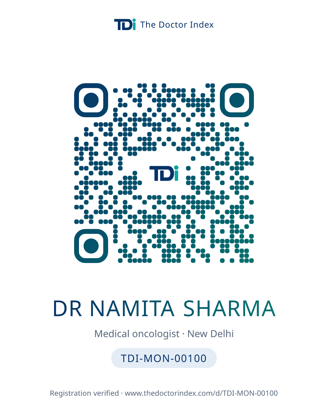 QR card for Dr Namita Sharma, TDI-MON-00100