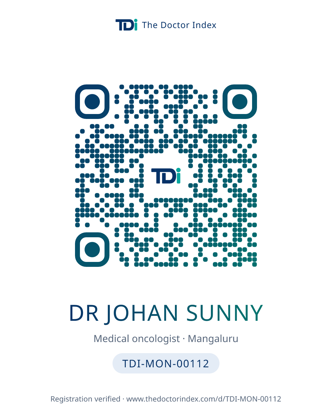 QR card for Dr Johan Sunny, TDI-MON-00112