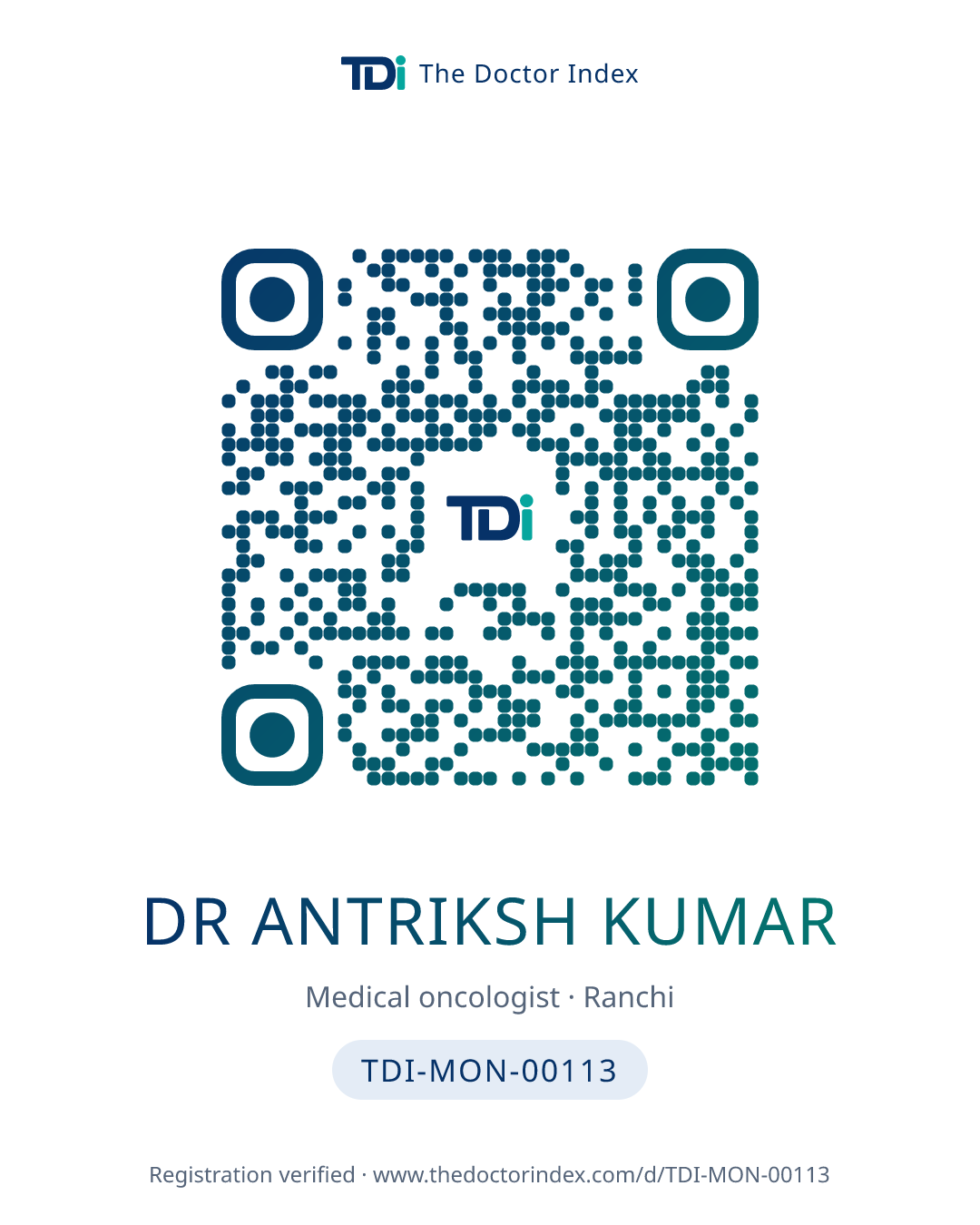 QR card for Dr Antriksh Kumar, TDI-MON-00113