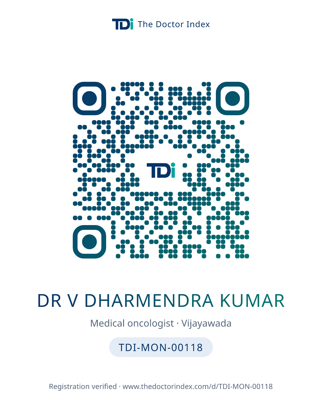 QR card for Dr V Dharmendra Kumar, TDI-MON-00118