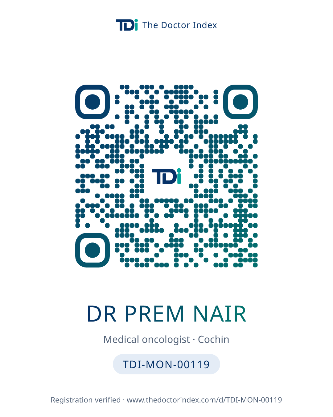 QR card for Dr Prem Nair, TDI-MON-00119