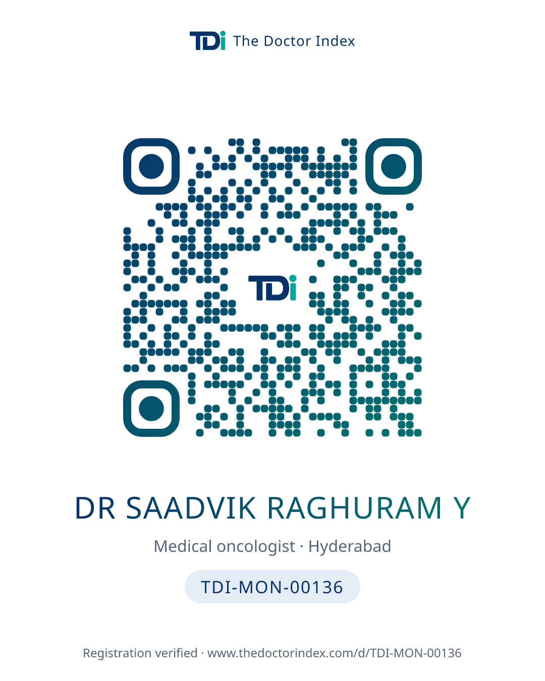 QR card for Dr Saadvik Raghuram Y, TDI-MON-00136