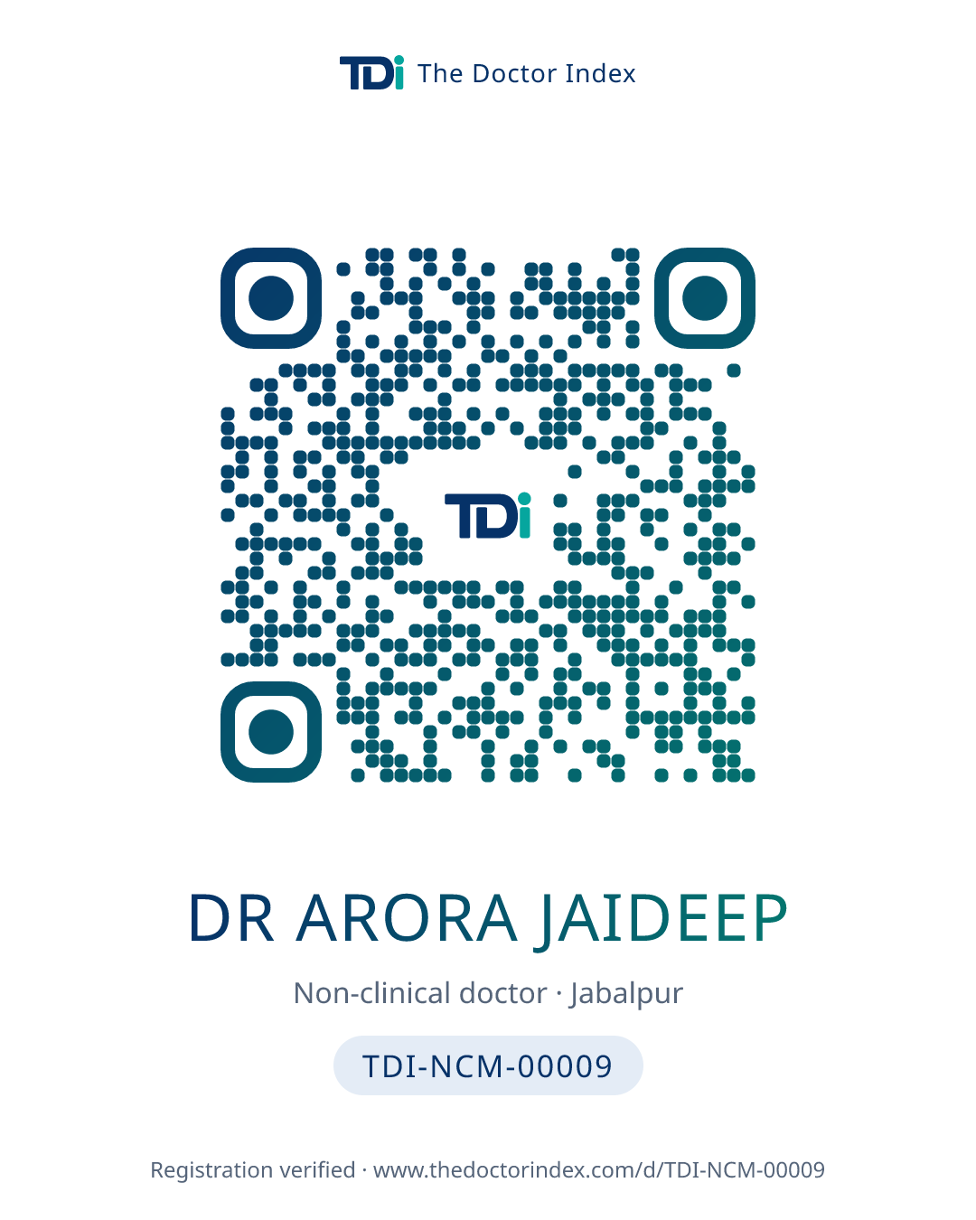 QR card for Dr Arora Jaideep, TDI-NCM-00009