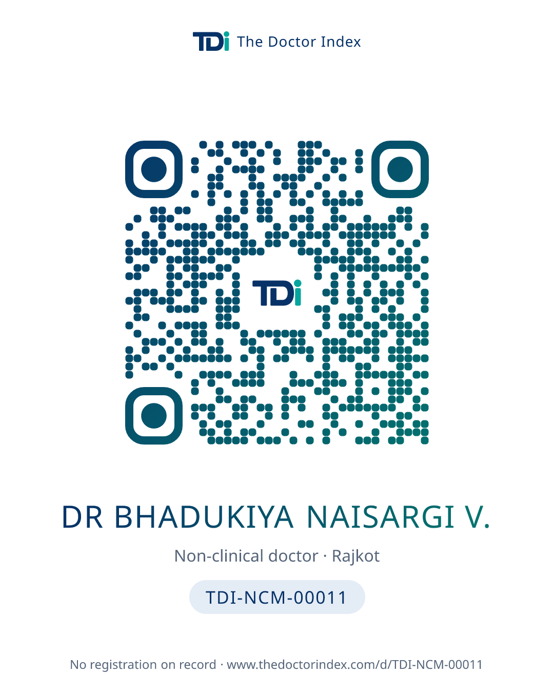 QR card for Dr Bhadukiya Naisargi V., TDI-NCM-00011