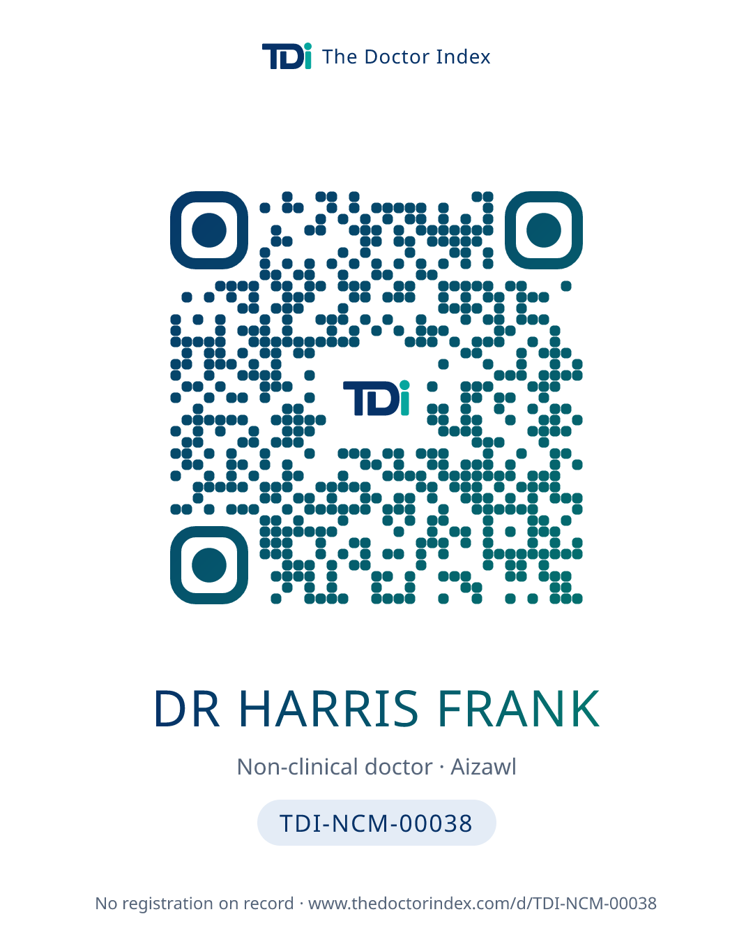 QR card for Dr Harris Frank, TDI-NCM-00038