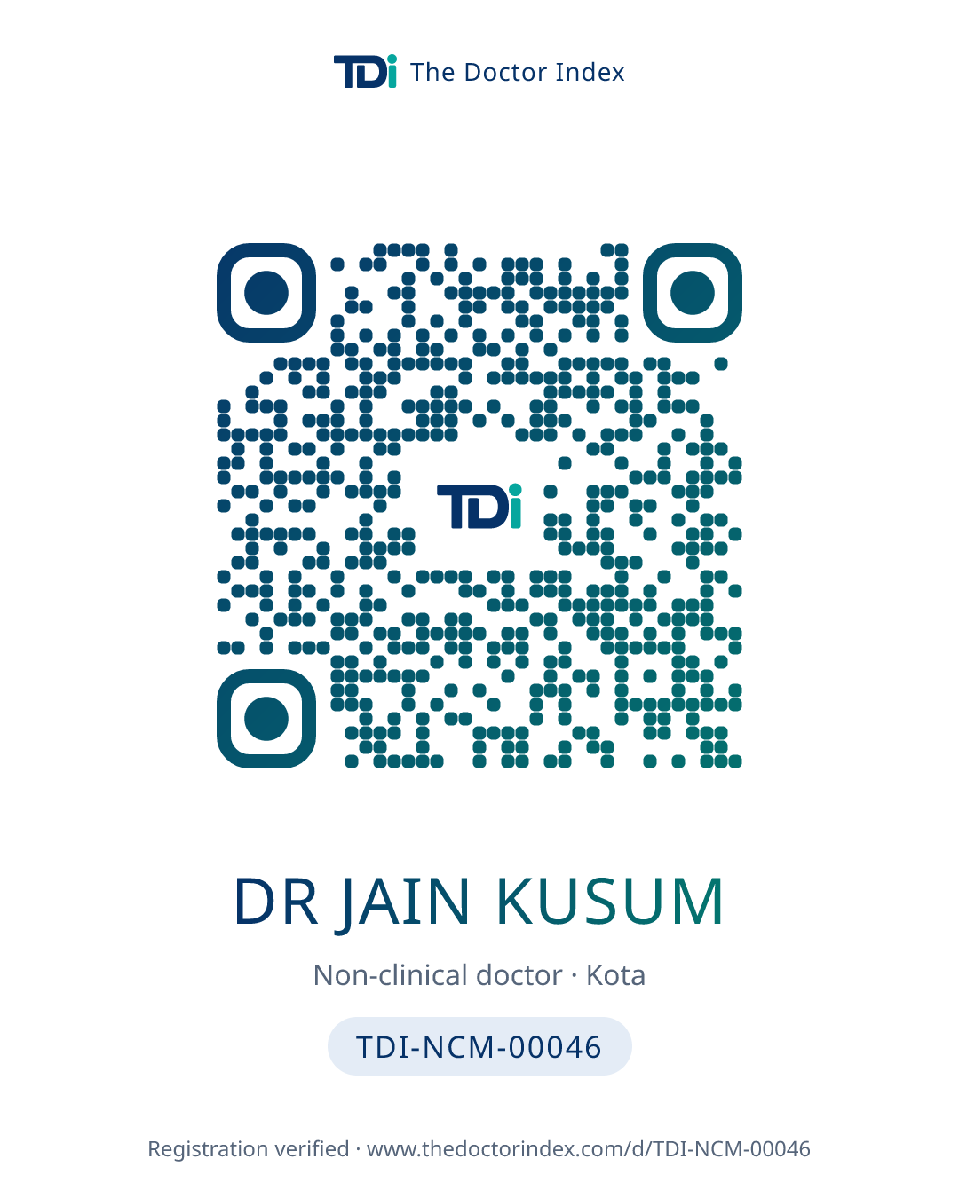 QR card for Dr Jain Kusum, TDI-NCM-00046