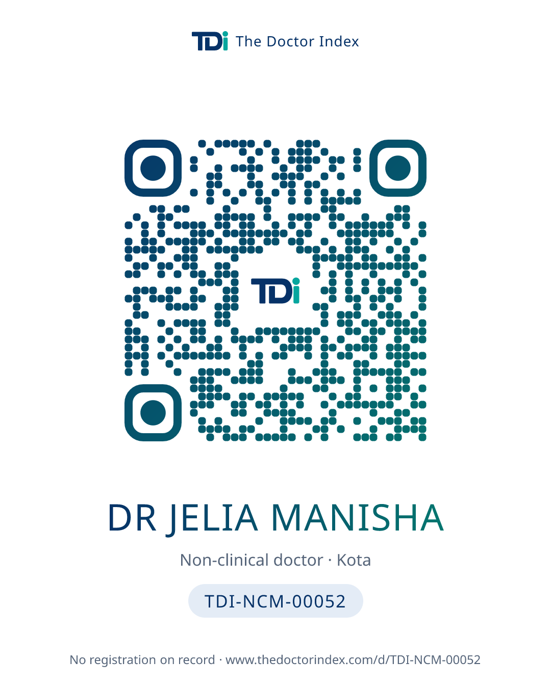 QR card for Dr Jelia Manisha, TDI-NCM-00052