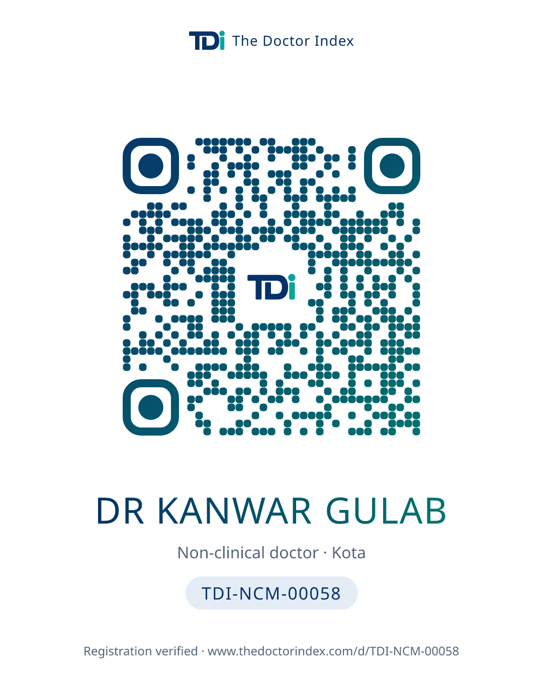 QR card for Dr Kanwar Gulab, TDI-NCM-00058