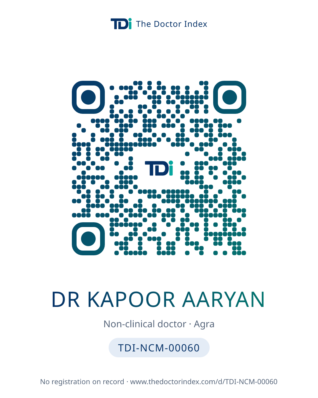 QR card for Dr Kapoor Aaryan, TDI-NCM-00060