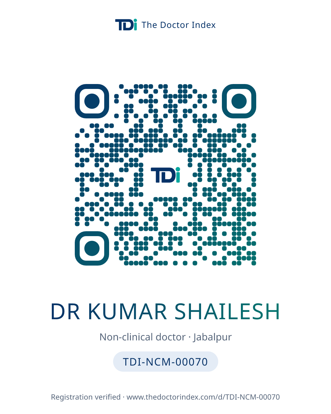QR card for Dr Kumar Shailesh, TDI-NCM-00070