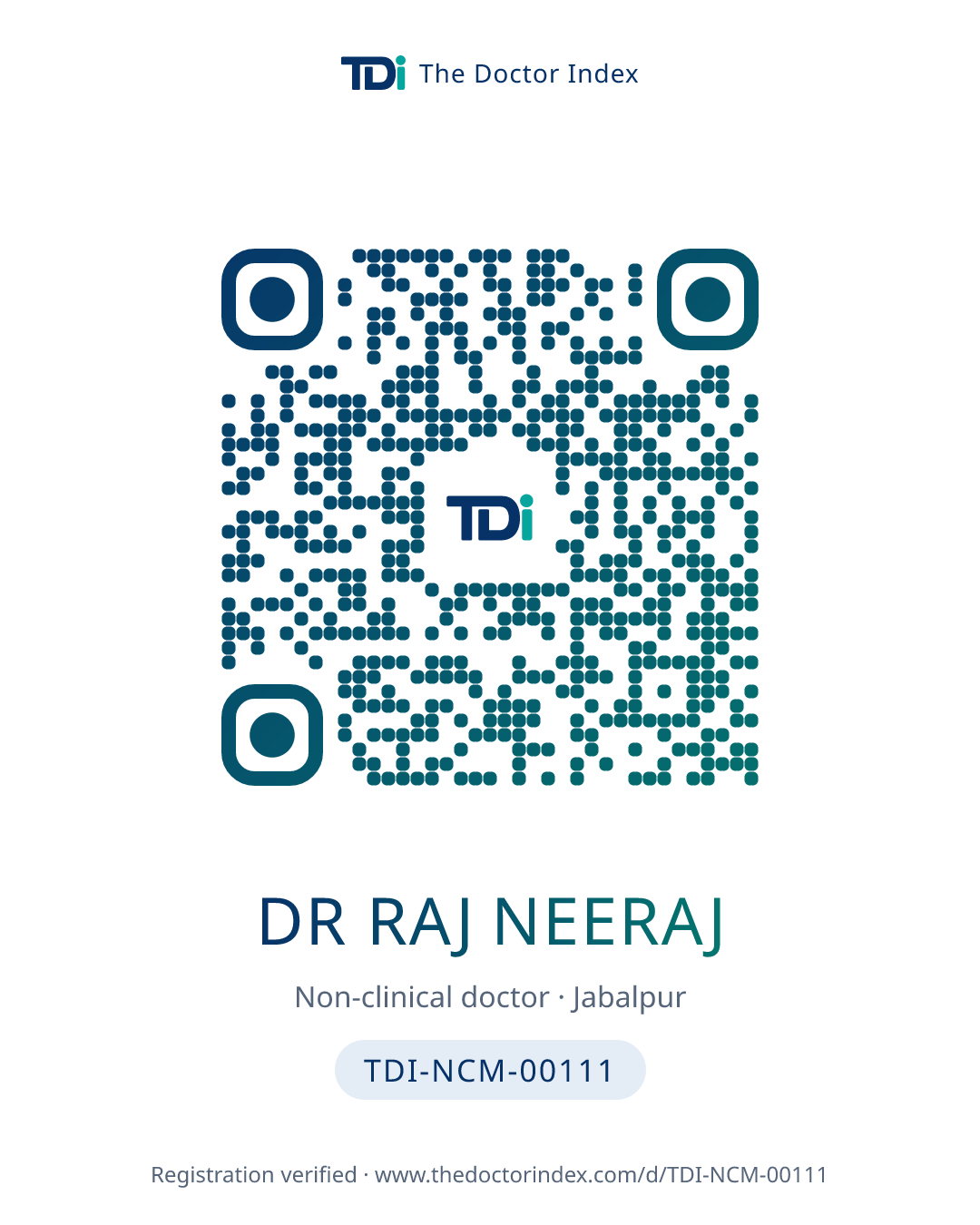 QR card for Dr Raj Neeraj, TDI-NCM-00111