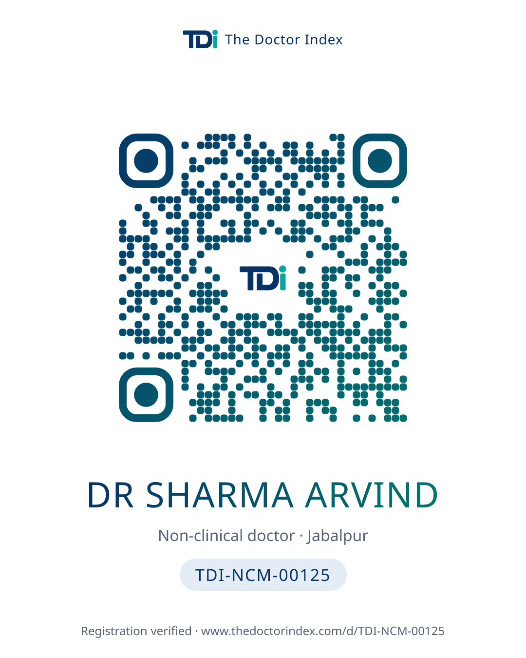 QR card for Dr Sharma Arvind, TDI-NCM-00125