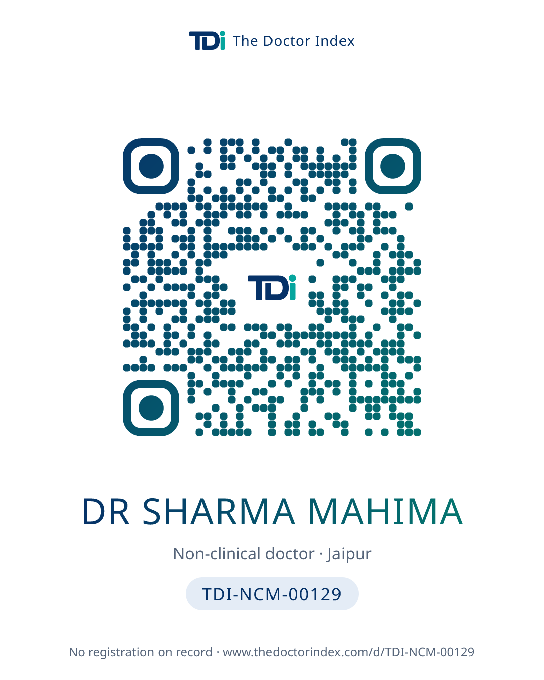 QR card for Dr Sharma Mahima, TDI-NCM-00129