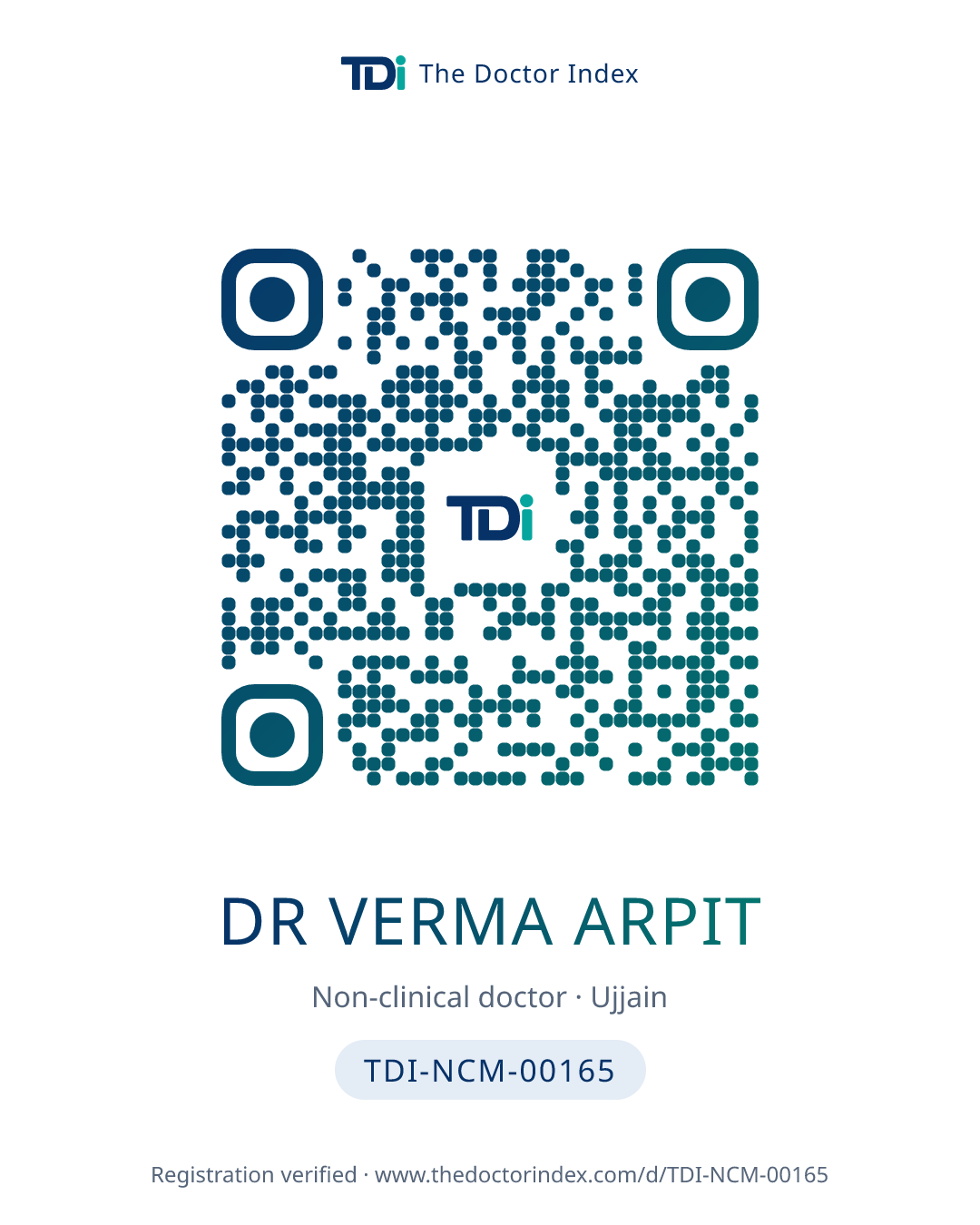 QR card for Dr Verma Arpit, TDI-NCM-00165