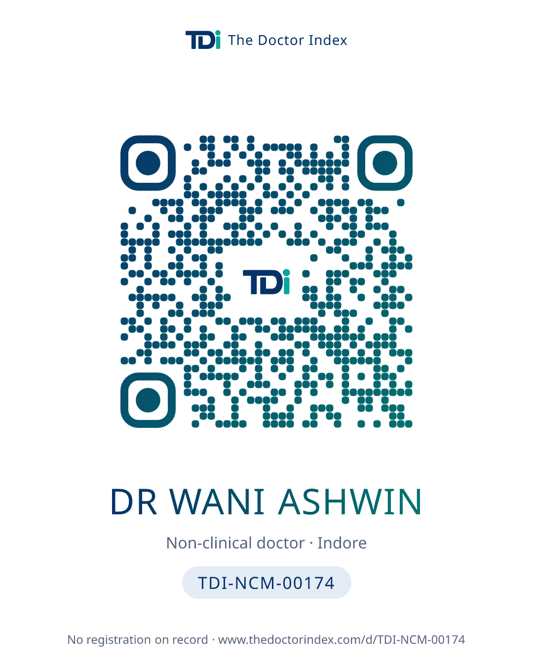QR card for Dr Wani Ashwin, TDI-NCM-00174