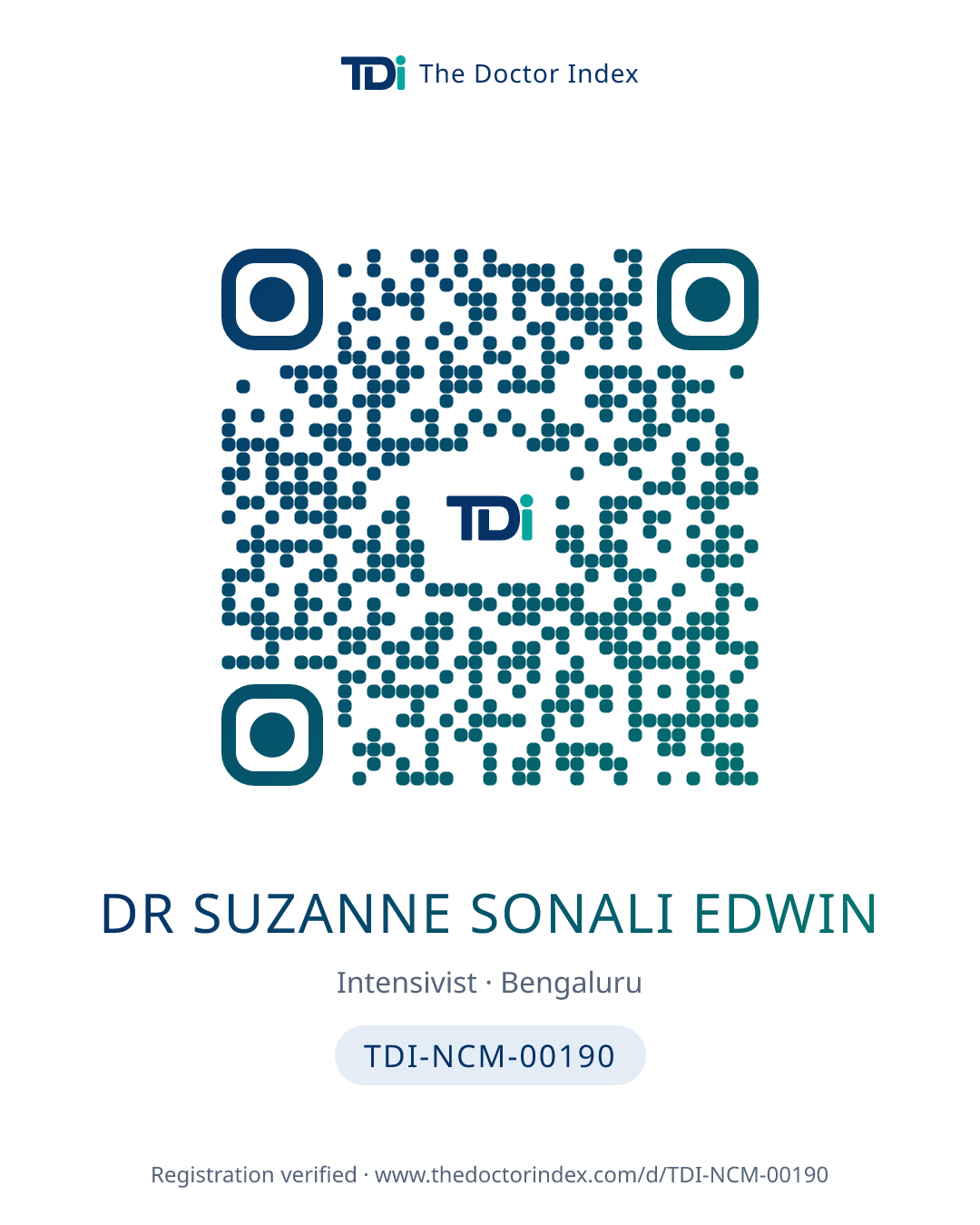 QR card for Dr Suzanne Sonali Edwin, TDI-NCM-00190