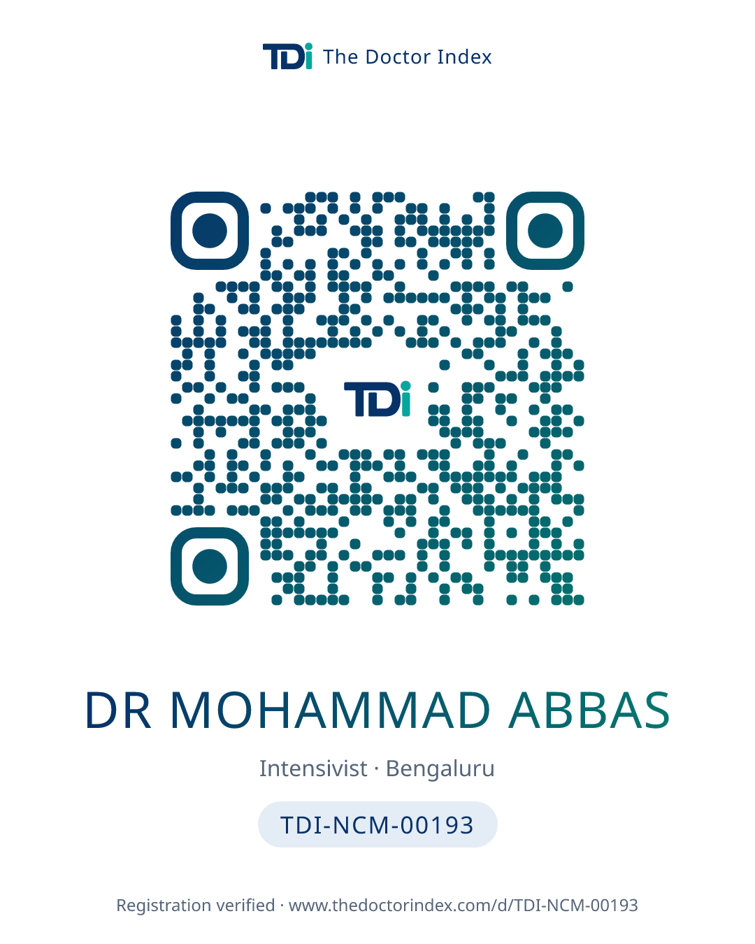 QR card for Dr Mohammad Abbas, TDI-NCM-00193