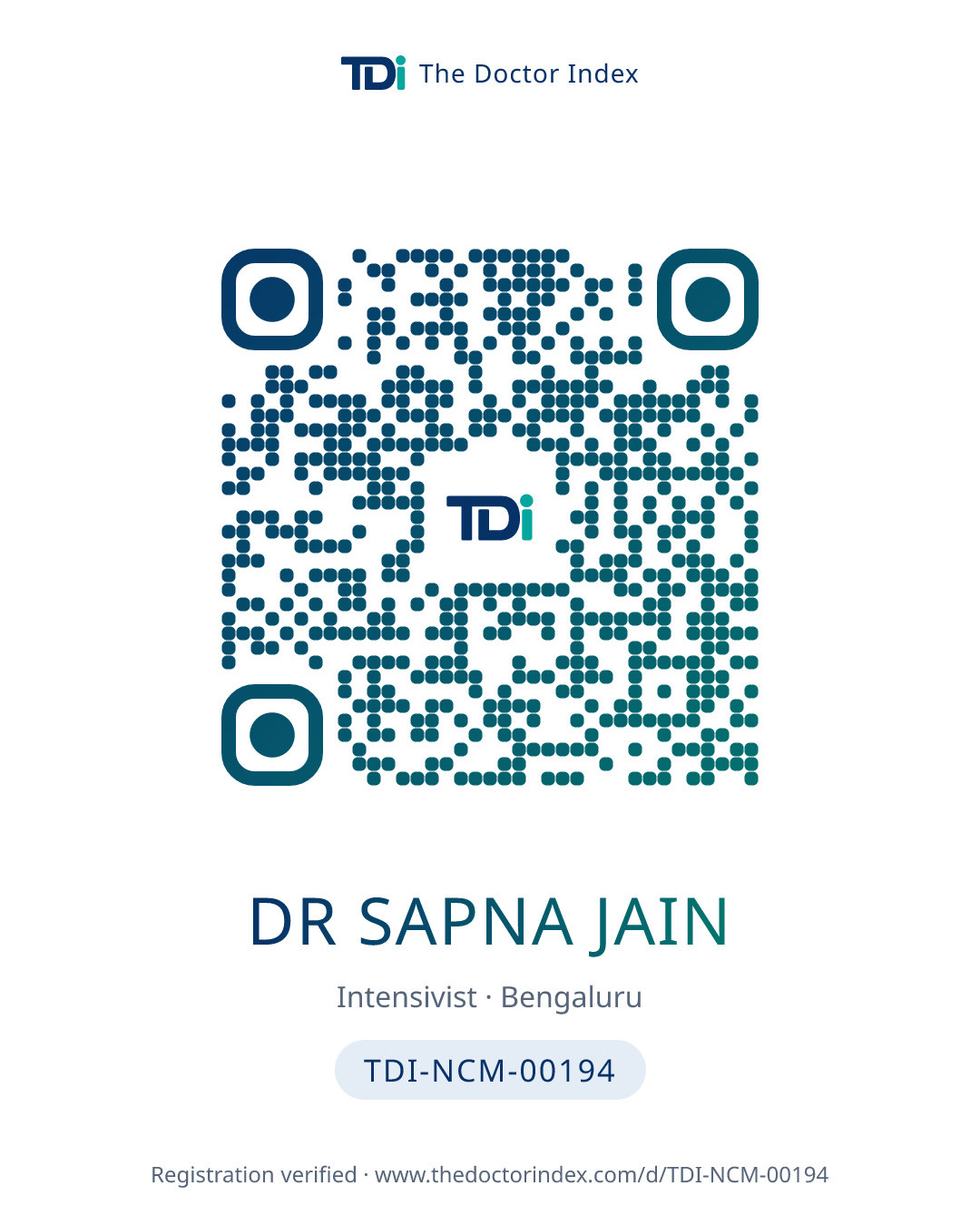 QR card for Dr Sapna Jain, TDI-NCM-00194