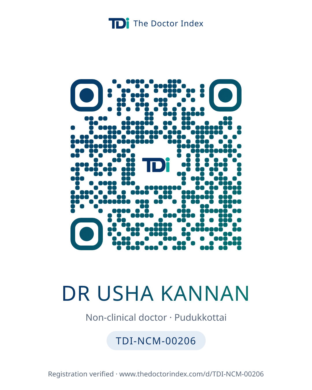 QR card for Dr Usha Kannan, TDI-NCM-00206